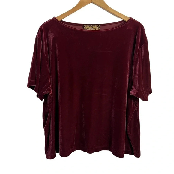 Ashley Stewart Dark Wine Red Velour Blouse Plus Size 26 28 Short Sleeves Stretch - Picture 1 of 4